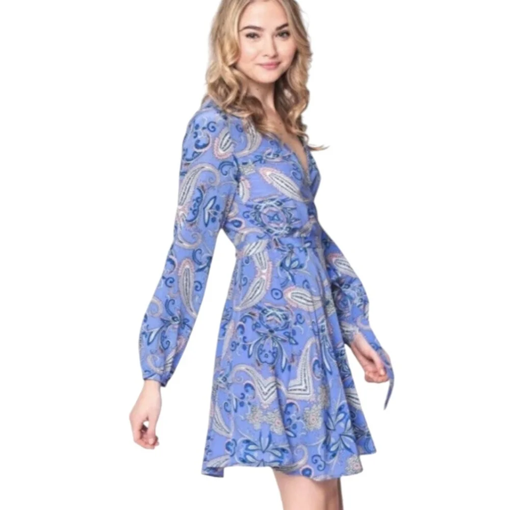 YUMI KIM Paisley Wrap Dress Silk Lavender Purple Pink Black Gold L 8 10 - Picture 11 of 11